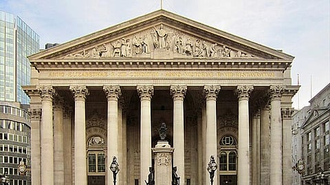 Front facade of the  Royal Exchange Building, Bank of England, London.