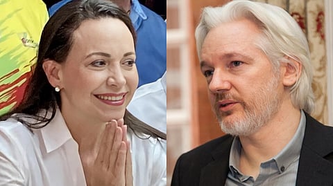 Maria Corina Machado smiling in a white shirt clasps her hands, while a WikiLeaks founder Julian Assange with white hair and a beard wearing a dark jacket appears thoughtful, conveying a serious tone.