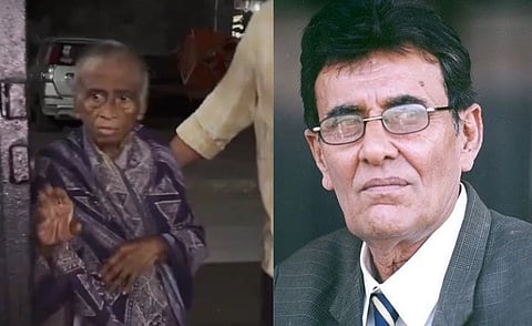 Left image is of an elderly woman in frail condition wearing a word out purple saree. Right image is of late cricketer Salim Durani wearing glasses. 