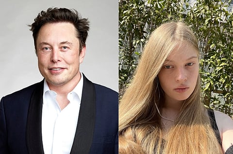 Left portrait is of Billionaire Elon Musk in a blue suit. Right image is a selfie by Musk's second born Vivian Wilson who has blonde hair. 