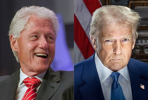 Left image is of former President Bill Clinton smiling. he is wearing a red tie and is attending a general session. Right image is of Donald trump with a serious expression. he is wearing a blue suit and a blue tie. in the background US flag is visible. 