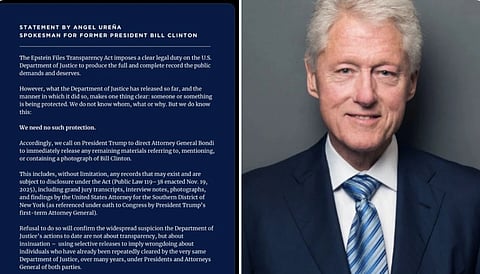 A statement by Angel Ureña, spokesperson for former President Bill Clinton, is on the left. On the right, is Bill Clinton in a suit smiles at the camera.