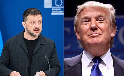 Left image is of Volodymyr Zelenskyy, President of Ukraine giving press point. the right image is a close up picture of President Donald trump wearing his signature black suit and blue tie. 
