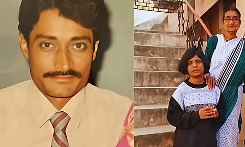 The image shows a split scene; left side features the retired railway employee Om Prakash with a mustache in a tie and shirt, smiling faintly. Right side shows two people, one in a sari and another in casual wear the mentally challenged daughter Rashmi, standing on concrete stairs.