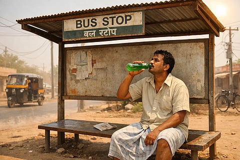 The image shows a man drinking a cold drink at a bus stop. The temperature is hot. The man is wearing a shirt and a lungi.