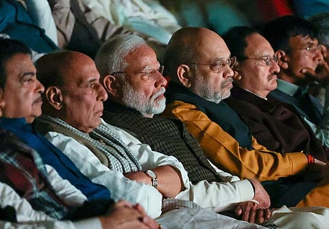 Image of various BJP leaders watching the screening of the Sabarmati Report. At the centre there is Indian PM Narendra Modi sitting alongside Home Mnister Amit Shah (right) and Rajnath Singh (left). 