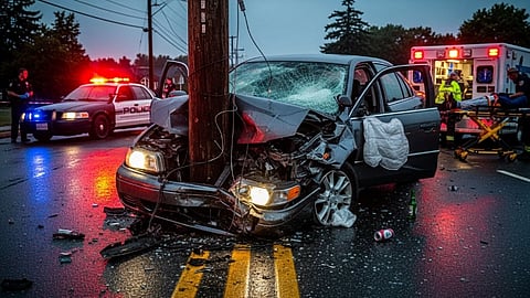 A car crashed head-on into a utility pole on a wet road, with its front crumpled and airbags deployed. Police car lights flash; an ambulance crew assists nearby.