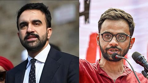 The image is a collage with Zohran Mamdani and Umar Khalid. In the image Zohran Mamdani is shown adressing people he is wearing black coat looking at crowd. Umar Khalid is shown in this image, with his arm raised speaking at a university campus. He is wearing red coloured shirt, and round framed spectacles.
