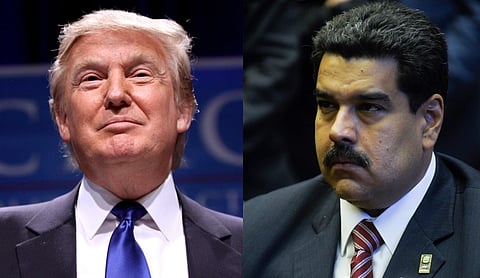 Left image is of President Donald trump smiling. he is speaking at CPAC in Washington D.C. on February 10, 2011. right mage is of Venezuelan president Nicolas Maduro 