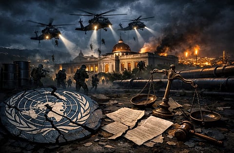 Dramatic scene of soldiers and helicopters at night outside a lit building, with a cracked emblem, documents, scales, and gavel in the foreground.