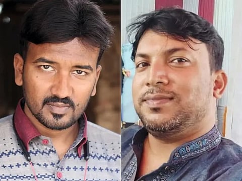 The image has two close mid shots of the victims- Rana Pratap Bairagi (left) and Moni Chakraborty (right). 