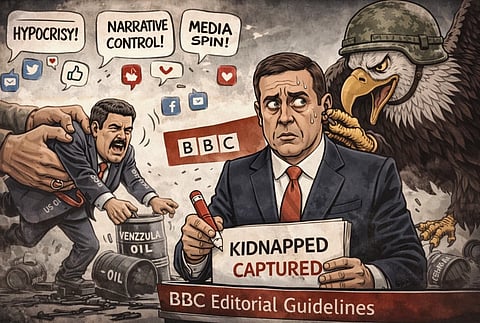 A sweating man edits "captured" to "kidnapped" on a BBC paper, with a menacing eagle by his side. Another man protests, denouncing hypocrisy and control.
