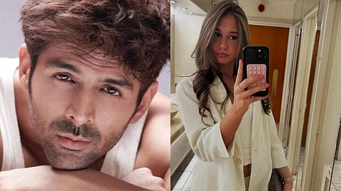 A split image with Bollywood actor Kartik Aaryan in the left resting his chin on crossed arms and the 18-year-old student Karina Kubiliute in a white outfit taking a mirror selfie.