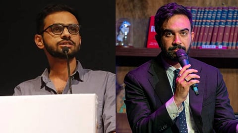 Left image is of Umar Khalid speaking in front of a podium. right image is of  Zohran Mamdani at Caveat on May 25 2025.