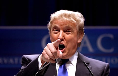 US president Donald Trump pointing his finger towards the camera with an aggressive expression on his face. he is speaking at CPAC 2011 in Washington, D.C. 