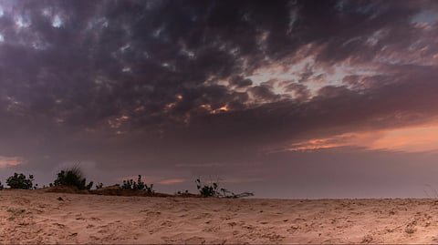 A sandy desert landscape under a dramatic, dark clouded sky at twilight. Sparse shrubs dot the scene