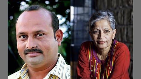 In the image the collage of Gauri Lankesh (on right) and Shrikant Pangarkar (on lest) is shown