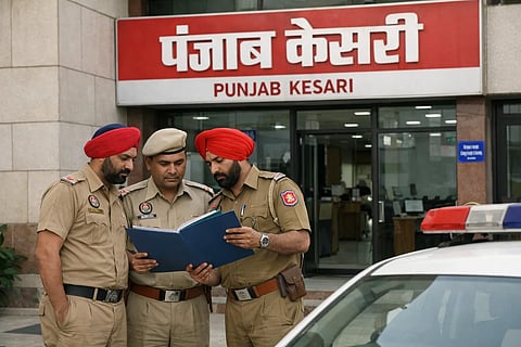 3 Punjab Police officers looking at a file in front of a Punjab Kesari office 