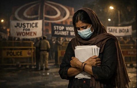 A woman in a mask stands sadly in front of a protest at Jantar Mantar with a pile of documents in hand.