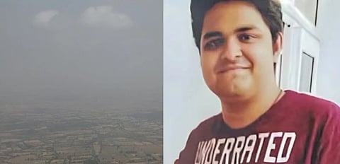 Left image is of dense fog in Delhi with barely any visibilty. Right image is of a man (yuvraj Mehta) in a red t shirt who died after his car plunged into a water-filled basement amid dense fog in Greater Noida.
