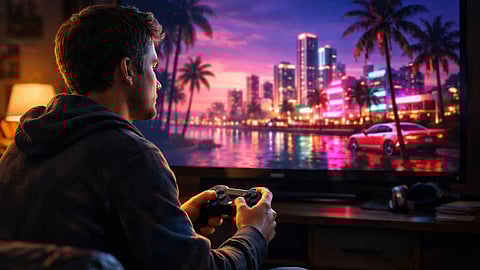 A man in a dark hoodie plays a video game on a large screen showing a vibrant, neon-lit cityscape with palm trees and a red sports car at sunset.