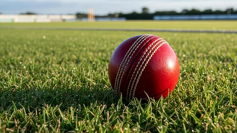 Red cricket ball sits on dewy grass of a sunlit cricket field, pitch and stumps blurred in the background. Calm, early morning atmosphere.