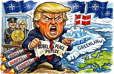 AI image of President Donald Trump with exaggerated features angrily holding a torn “Nobel Peace Prize” certificate, pointing at an icy map of Greenland. A Danish flag stands on a giant iceberg while calm Norwegian officials guard a Nobel medal behind glass. NATO flags hover nearby, missiles labeled “Tariffs” aimed at Europe.