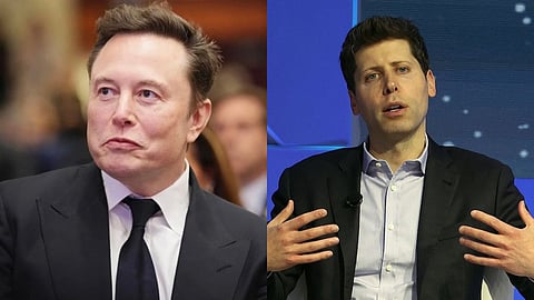 The image is  collage of two image with right hand side is Sam Altman and left hand side is Elon Musk