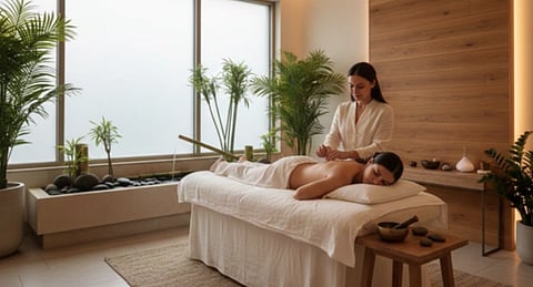 A serene spa room with a woman receiving a back massage on a white table. The space is decorated with lush green plants and soft natural lighting, creating a calming atmosphere.