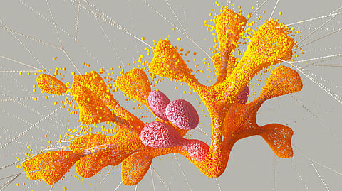 An artist’s illustration of artificial intelligence (AI). This image represents how technology can help humans learn and predict patterns in biology. 