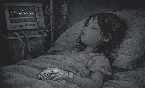 A young girl lies in a hospital bed, eyes closed. An IV and heart monitor are visible. The scene is dimly lit, creating a somber, peaceful mood.