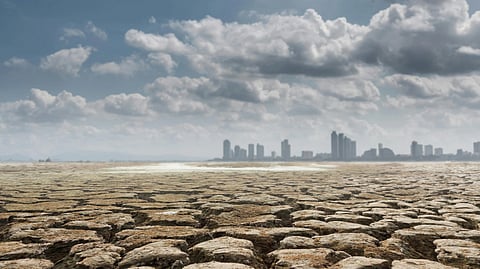 Cracked, dry earth stretches toward a distant city skyline under a cloudy sky, conveying a sense of desolation and environmental concern.