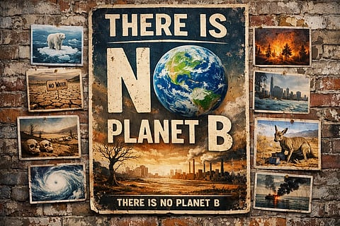 An AI generated image- A wall: a poster of "There is no Planet B" in the middle, with O reflecting the earth; and other posters showing several other climate crisis situations such as global warming, droughts, extreme ehat, forests fires.....