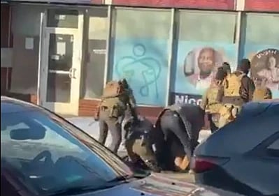 The image is a screengrab of a video shot by a preson from some 50-100 metres away from the incident. 5-6 masked federal agents corner Alex Jeffrrey Pretti and assault him.