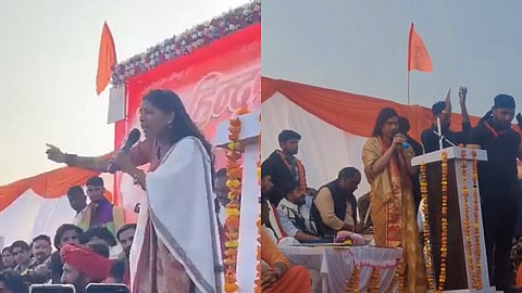 Khushbu Pandey (left) and Riddhi Sharma (right) delivering hate speeches calling for the massacre of Muslims. They are on stage with mics, and there are bhagwa decorations around.