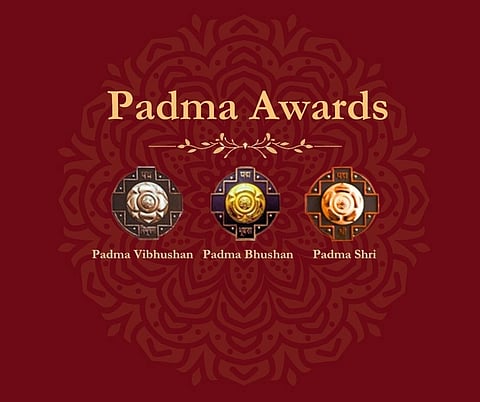 A graphic reading "Padma Awards", with the three awards - Padma Vibhushan, Padma Bhushan and Padma Shri - below from left to right on a red background.