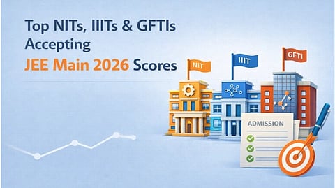 Illustration of academic buildings with flags for NIT, IIIT, and GFTI, highlighting JEE Main 2026 scores. A chart line and a checklist convey admission focus.