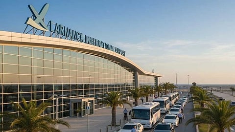 Larnaca International Airport's glass facade at sunset with parked taxis and buses. Palm trees line the path, creating a calm, organized atmosphere.