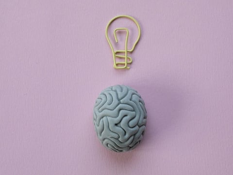A blue clay brain lies on a pink background, with a yellow light bulb outline above it, symbolizing an idea or creativity. The tone is playful and imaginative.