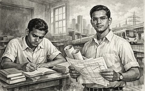 A black-and-white sketch shows two men in a room. One is writing at a desk, focused, while the other stands with engineering blueprints, smiling confidently. A metro train and cityscape are visible through the window, suggesting urban development and progress.