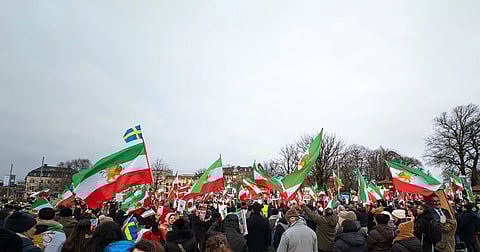 A large crowd gathers in an open area holding Iranian and Swedish flags. The mood is lively and peaceful, with overcast skies and bare trees in the background.