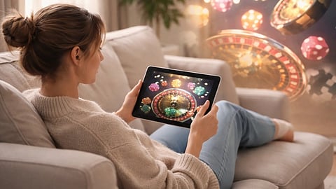A woman sits on a couch holding a tablet displaying a roulette game. The room is cozy, and virtual poker chips and roulette wheels appear as overlays.