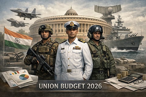 A realistic, high-detail editorial illustration representing India’s Union Budget 2026 with defence at the centre. Indian soldiers from the Army, Navy and Air Force standing in the foreground, symbolising preparedness and modernisation. In the background, the Indian Parliament building blended with defence equipment such as fighter jets, naval ships and radar systems. Subtle visual elements like budget documents, charts, and the Indian tricolour integrated tastefully. Serious, authoritative tone, neutral colour palette, professional news media style, no text, no caricature, ultra-realistic lighting. 