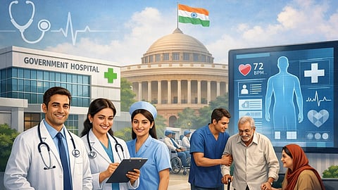 AI representation of a diverse group of healthcare professionals stand smiling outside a government hospital with a digital health monitor showing vital signs. An elderly man is assisted by a nurse and a relative. An Indian flag waves above a large domed building, conveying a sense of care and community.