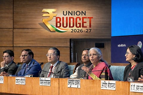 FM Sitharaman and other officials at a discussion on the Union Budget 2026-27.