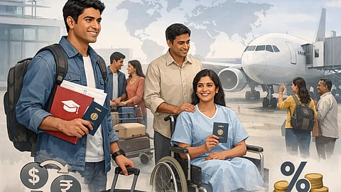 A happy man holds documents, standing next to a woman in a wheelchair with a passport, by an airplane. Symbols of currency and percentages suggest finance and travel themes.