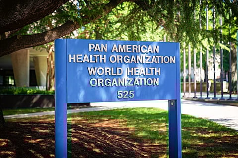 Signage for the Pan American Health Organization and World Health Organization in downtown Washington, D.C.