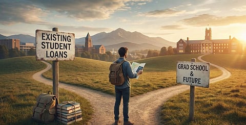 A person stands at a fork in a path holding a map, faced with two signs: "Existing Student Loans" on the left and "Grad School & Future" on the right. The scene conveys a decision-making moment against a backdrop of a scenic campus with a sunrise.
