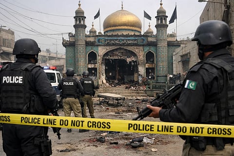 A shia mosque destroyed from the blast, the police around the area which is cordoned off, and the area around is damaged