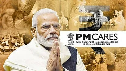 In the image PM Modi is shown and alongside him is the LOGO of PM CARES Funds and behind it a singh of rupee